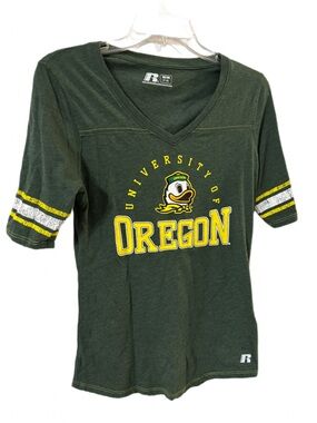Russell Athletic Oregon Duck Graphic Tee in Green & Yellow v-neck
